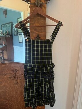 Black Plaid Suspender Skirt with Lime Grid